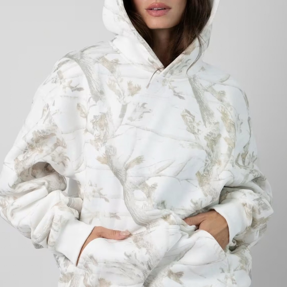 Women's White & Beige Printed Hoodie Sweatshirt